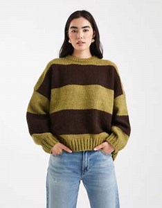 ASOS DESIGN oversized stripe crew neck sweater in olive and chocolate | ASOS