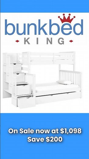 Twin over Full Stairway Bunk Bed, 4 Built in Drawers, Twin Trundle, White #bunkbedking #bunkbeds
