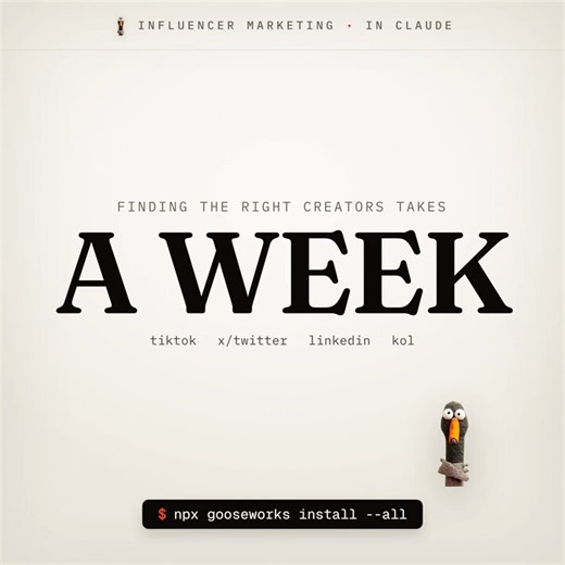 Today we're launching Influencer Marketing skills in Claude.Finding the right creators is a week of manual digging. These skills do it in minutes.Install: npx gooseworks install --all/gooseworks --skill tiktok-influencer-finder→ creators in your niche on TikTok, ranked by engagement/gooseworks --skill find-twitter-influencers→ X/Twitter voices for partnerships/gooseworks --skill linkedin-influencer-discovery→ top LinkedIn voices by topic + follower count/gooseworks --skill kol-discovery→ the rea