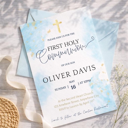 First Communion Invitation Boy Template, Blue Watercolor Catholic Invite, Minimal First Holy Communion Template - Etsy