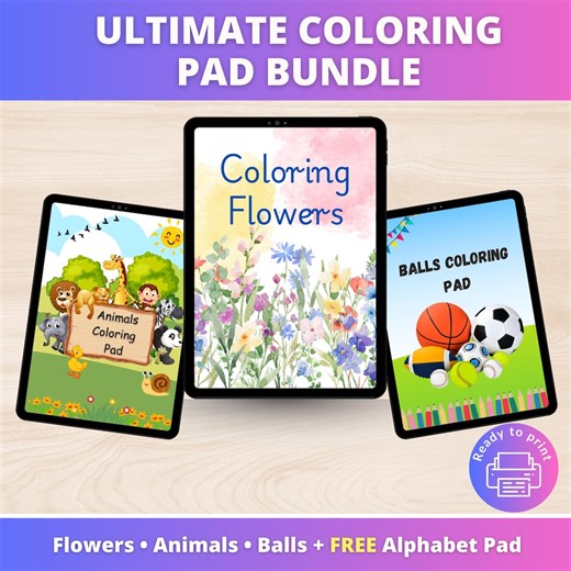 Coloring Pad Bundle PDF   PNG | 161 Pages Flowers, Animals, Balls   Free Alphabet Pad | Printable & Digital Download - Etsy