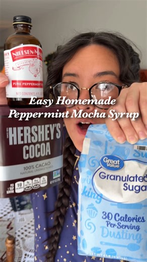 📖 4 ingredient Peppermint Mocha Coffee Syrup: • 1 cup sugar • 1/4 cup unsweetened cocoa powder • 1/8 tsp salt (ok I lied because I forgot about this ingredient 🫠) • 1 cup water • Simmer for 7 minutes (watch this one it’ll boil over!) OF HEAT add 1 tsp peppermint (not to be confused with mint) extract Let cool Bottle Enjoy for 2 weeks refrigerated ☺️🤎 #peppermintmocha #CoffeeAtHome #coffeerecipes @walmart @hersheys | The Thrift Witch