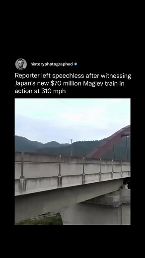 History Photographed on Instagram: "Reporters were left speechless as Japan’s new L0 Series Maglev hit 310 mph in a live demonstration.⁠ ⁠ Using superconducting magnets, the train levitates above the tracks, eliminating friction and allowing ultra-high speeds.⁠ ⁠ Built by JR Central, the maglev has reached test speeds of 373 mph and is set to connect Tokyo to Nagoya in 40 minutes, with future expansion to Osaka.⁠ ⁠ Via: ntv_news24"