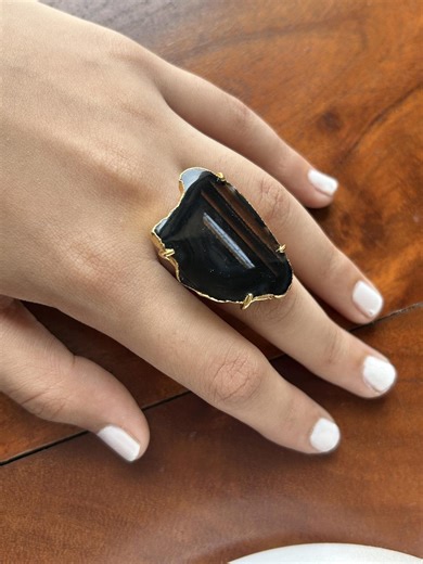Brown Agate Slice Statement Ring | Gold Plated Brass Dyed Geode Stone Adjustable Ring - Etsy