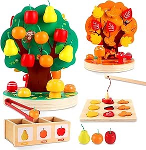 INIFEIDALA Montessori Toys for 3 4 5 6 Year Old - Wooden Educational Toy for Toddlers,Shape Sorting Puzzle for Fine Motor Skills,Apple Picking Magnetic Tree Toy,Hand-Eye Coordination,Color Recognition
