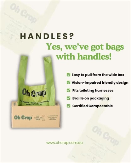 “Do you guys have bags with handles?” We’ve seen that question pop up more than a few times… and the answer is: Yes. We always have. From day one, we knew we wanted our bags to work for everyone, so we designed our handled bags to be easy to grab, easy to tie, and super thoughtful too. They’re: ✅ Easy to pull from the wide box ✅ Designed for vision-impaired users (with Braille on the box!) ✅ A perfect fit for toileting harnesses ✅ And of course… 100% compostable 🌱 So if you’ve been looking for 