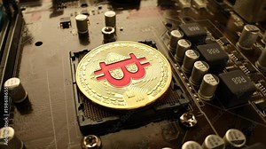 Gold Bit Coin BTC coins on the motherboard. Bitcoin is a worldwide cryptocurrency and digital payment system called the first decentralized digital currency.