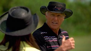Hard to beat a view like this! A Throwback Thursday golf lesson with the 🦈 & Holly Sonders at Sandals Emerald Bay. Anyone have this course on their bucket list? | Greg Norman