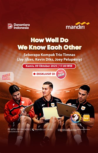 5.2K views · 55 reactions | Saksikan kekompakan Trio Timnas di sini!  Yuk, lihat keseruan Jay Idzes, Joey Pelupessy, dan Kevin Diks di “How Well Do We Know Each Other”! ⚽ Tonton selengkapnya di Livin’ Sukha! Bank Mandiri berizin dan diawasi oleh Otoritas Jasa Keuangan & Bank Indonesia, serta merupakan peserta penjaminan LPS. #Timnas #TimnasIndonesia #KitaGaruda #TimnasIndonesiaMandiri | Bank Mandiri | Facebook