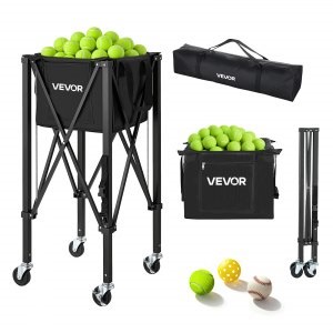 VEVOR Tennis Ball Hopper, Holds 120 Tennis Balls, Foldable Pickleball Basket Cart with Wheels for Easy Pick Up, Lightweight Aluminum Alloy, Portable Pickleball Caddy with Storage Bag, for Training | VEVOR US