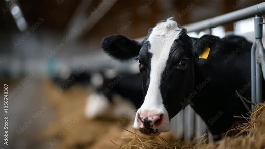 A hyper-realistic, ultra-detailed scene inside a modern dairy cattle barn. Several black-and-white Holstein cows stand in aligned feeding stalls, leaning their heads forward throug