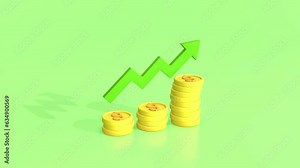 3d Animated Rising Coins and Growth Coins Chart Infographics Profit Stats Animation with Arrow Depicting Growth Of Profits On Green Background For Good Business, Marketing target and Good Financial.