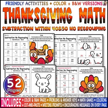 Subtraction within 40 & 50 Without regrouping | Thanksgiving Activities Math Fun