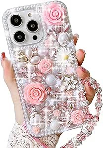 Changjia for iPhone 16 Pro Glitter Bling Case, Cute Luxury 3D Sparkle Crystal Rhinestone Flowers Shiny Gems Diamond Pearl with Lanyard Wrist Strap Women Girls Phone Case for iPhone 16 Pro 6.3" (Pink)