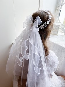 First Communion Headpiece With Pearls, Bow, Veil, White Flower Girl Crown - Etsy