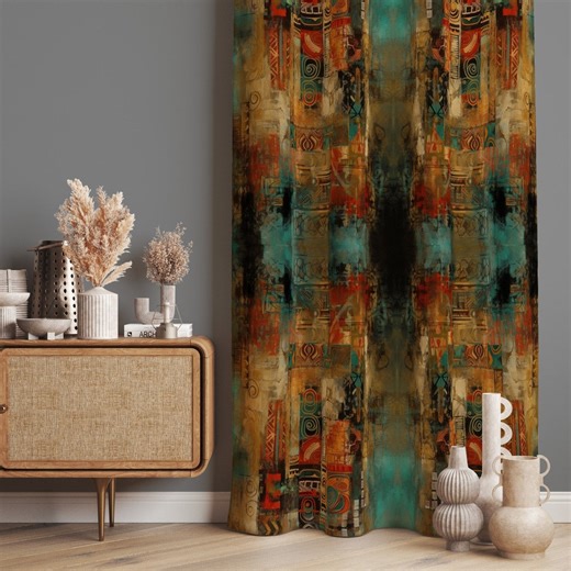 Abstract Tribal Mirror Curtain, Teal and Ochre Ethnic Drapery - Etsy