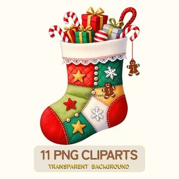 Holiday Stocking Set PNG • 11 Digital Clipart Files • Transparent Background