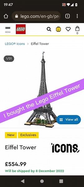 Lego Eiffel Tower set 10307. Released November 2022. The tallest Lego set of all time. 149 cm tall. 10001 parts. £554.99. But I got LEGO Architecture 21019 set!!! #lego #legoeiffeltower #legoarchitecture #legobricks #legotiktok #ohno #fyp #foryoupage