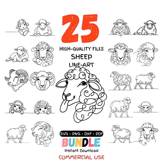 Sheep Line Art SVG Bundle | 25 Cute Farm Sheep Outline Drawings | Farm Animal Clipart for Cricut, Laser Cut, SVG Png Dxf PDF - Etsy