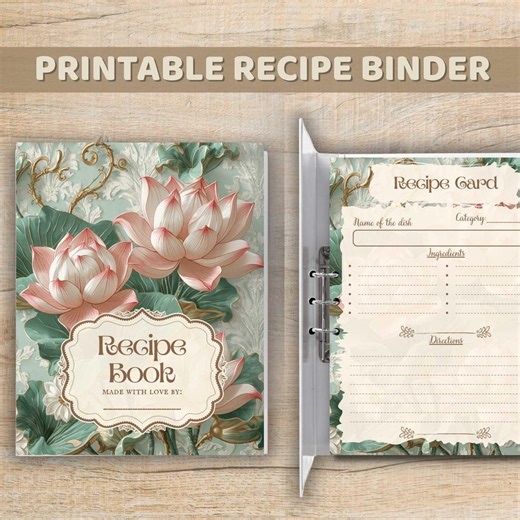 Printable Recipe Book Binder: Lotus Cover, DIY Cookbook (digital Download) - Etsy