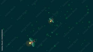Firefly insects animation on green sparkling background with twinkling particles. Flying glowworm beetles motion graphics. Lightning bugs hovering at night. Wildlife concept.