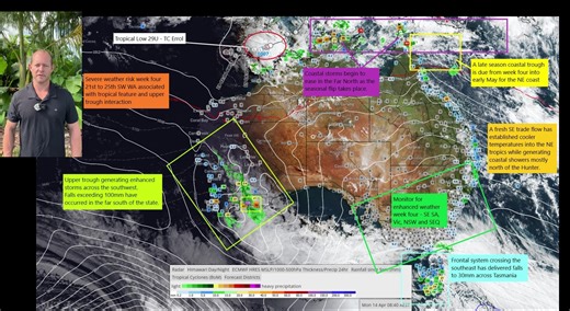 After heavy storms and up to 100mm across southern WA, conditions are easing – but not for long. Tropical Low 29U is on track to become Tropical Cyclone Errol in the next 24–48 hours, with impacts returning to the southwest late April as Ex-Errol combines with a new system. Meanwhile, the east isn’t missing out – a front and upper trough around 21–25 April will bring patchy storms and showers to VIC, SE SA, southern NSW and SEQ. And don’t forget the northeast trough still lurking, now looking to