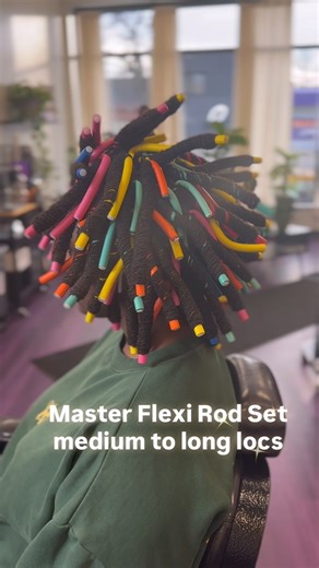 Flexi Rod Sets demonstrate how versatile locs truly are. By wrapping each loc around the flexi rods, it creates uniform, elongated curls with maximum definition and movement. This technique is perfect for soft, voluminous curls without using curling irons, reducing frizz, and putting no stress on your natural hair. *Products are optional; no products were used for this technique. Hooded dryer time averages about 60 minutes medium heat, with setting time depending on hair texture. Thicker hair te