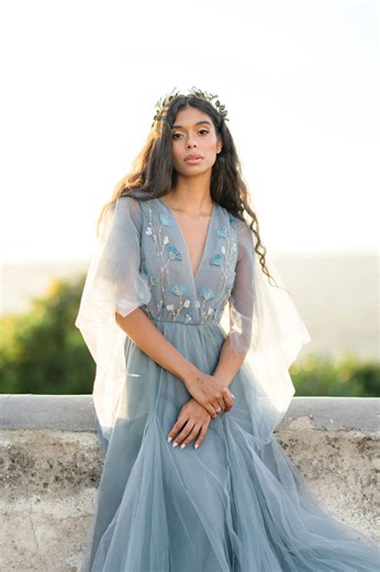 Ethereal Pale Blue Wedding Dress: Tulle Sleeves Floral Bridal Gown - Etsy