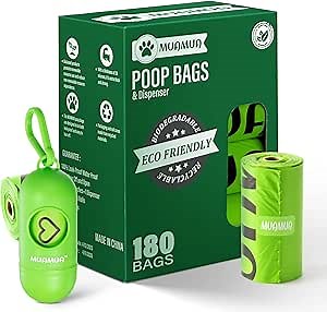 MUAMUA Biodegradable Dog Bags with Dispenser and Leash Clip, Pup Poop Waste Bags, Extra Thick, BPA Free, Leak Proof Pet Doggie Refill Bags for Poop, 9" x 13", Unscented, 176 Count