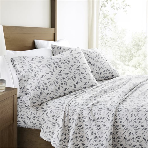 100% Cotton Flannel Bed Sheets Set for Queen Size Bedding in Botanical Light Gray by Comfort Canopy