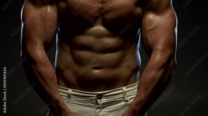 Fitness tanned guy showing muscles, close up