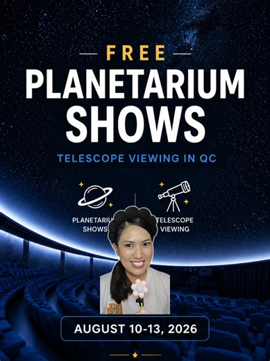 FREE PLANETARIUM SHOWS STARGAZING THIS AUGUST?! 👀 In celebration of Philippine Space Week 2026, PAGASA is offering FREE planetarium shows and telescope viewing sessions from August 10 to 13. 😍 The free planetarium shows will be held at the PAGASA Planetarium in Science Garden, Quezon City with sessions at: ⏰ 9:00 AM ⏰ 11:00 AM ⏰ 1:00 PM ⏰ 3:00 PM Plus, may telescope viewing pa on August 13, from 6:00 PM to 9:00 PM at the PAGASA Astronomical Observatory, UP Diliman. Perfect pang-date, family bo