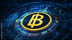 Yellow Thai baht symbol in futuristic blue digital interface, symbolizing digital currency, fintech, and financial innovation in Thailand's economy. Business and financial investment concept