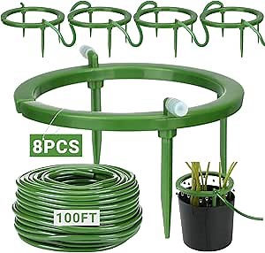 Tondiamo 8 Pcs Hydro Halo Water Ring and 100' Flora Tube, 5 Inch 3 Leg Support Drip Emitter and 1/8" Drip Irrigation Tubing for Grow Media Irrigation System Rain Watering Plants, Green