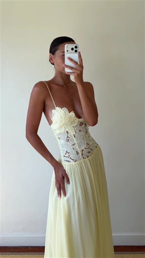 Meet your new favourite. The Stephanie Maxi Dress in Butter. Worn by @bellathomas_ Sorelle, A’26 is available now. #hansenandgretel