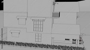 3d Animation of a Generic Classic brick house, Seamless Looped Rotating animation, with brick facade, linework