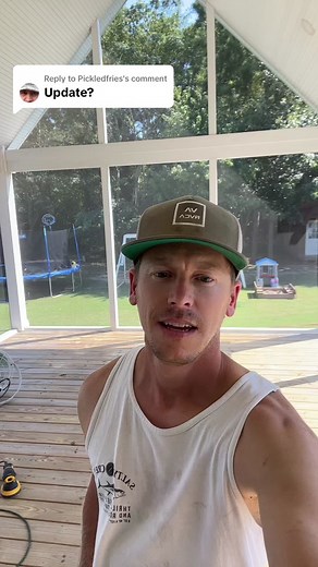 Replying to @Pickledfries finally getting around to staining our cover patio. We went with Valspar semi-transparent. 🌶️ hot curry🌶️ I’ll try update throughout the process! #staining #stainingwood #patio #stainingpatio #homeimprovement #diy #diyproject