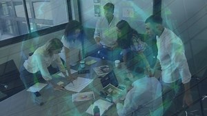 Animation of network of data icons over diverse colleagues brainstorming in office. Global communication network, digital interface and business concept digitally generated video.