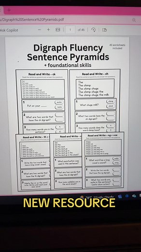 Digraph Fluency Sentence Pyramids- 45 worksheets included Read through the sentence pyramid and then answer the questions. Digraphs included ch, sh, ck, wh, ph, th, and ng. The questions on each worksheet are different so multiple foundational skills are being practiced. Every digraph has a