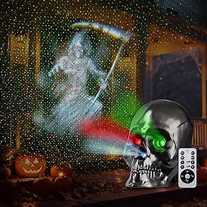 Halloween Projector Lights, Ghost Skeleton Halloween Laser Lights in Skull Shape, 5 Modes and Spooky Screams, Halloween Party Decor with Remote Control Timer for Halloween Decorations Indoor