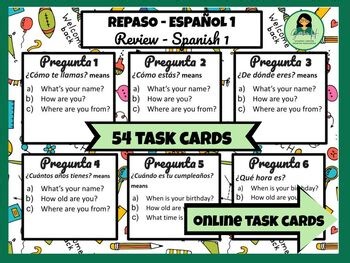 Spanish 1 Review Task Cards for Back to School