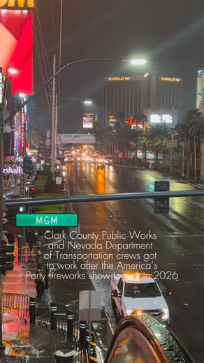 A big thank you to Clark County Public Works and Nevada Department of Transportation crews for their clean-up operation following the America’s Party fireworks show to ring in 2026. The crews use a fleet of 15 street sweepers to clean up about 10-12 tons of trash. The Las Vegas Strip is reopened to traffic now. Crews work through the morning loading up and hauling away the pedestrian barricades used to close the Strip for the celebration #clarkcounty #vegas #lasvegas #newyear | Clark County, Nev