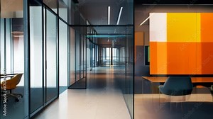 Modern office corridor with glass walls and colorful artwork. Contemporary workspace design with vibrant colors and sleek furniture. Concept of creative and dynamic work environment