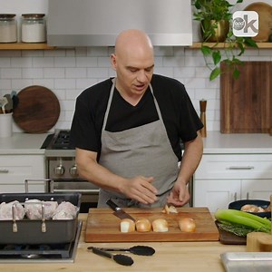 Consistent sizing is the KEY when cutting vegetables for a sauce — especially for a braise! Take Michael D. Symon's full Braised Pork Shank class on the #FoodNetworkKitchen app to see more: https://food-network.app.link/lsUiTEJSJ8. | Food Network Kitchen