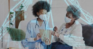 Nurse entering room swiping tablet opening medical app and activating data overlays guiding patient