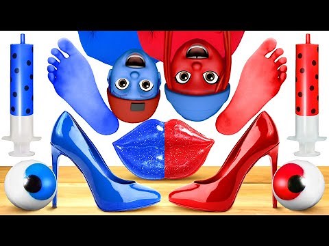 BLUE VS RED FOOD CHALLENGE || Eating Only 1 Color Food For 24 HRS! Mukbang by 123 GO! FOOD