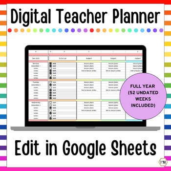 Digital Teacher Planner, Lesson Planner, Calendar, To Do, Editable Google Sheets