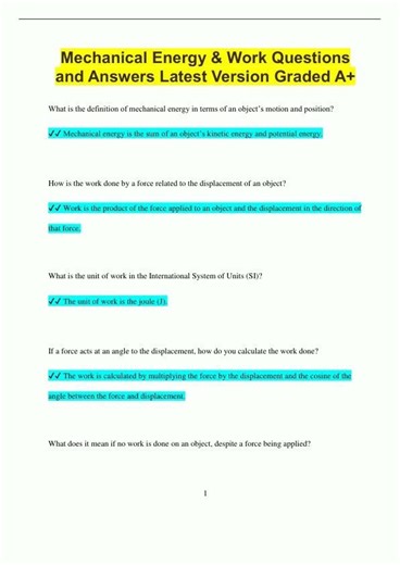Mechanical Energy Work Questions and Answers Latest Version Graded A399