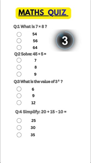 13/50 🧠Maths Quiz | Basic Math MCQs | Easy Math Test for Students🥰