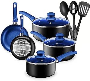 Chef's Star Pots And Pans Set Kitchen Cookware Sets Nonstick Aluminum Cooking Essentials 11 Pieces Blue